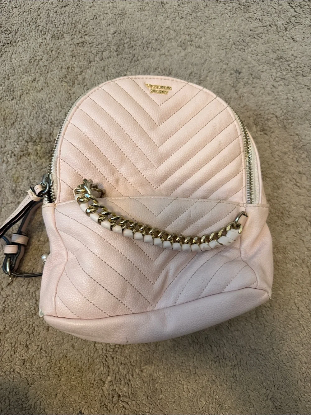 Victoria's Secret Blush Pink Quilted Mini Backpack with Gold Chain